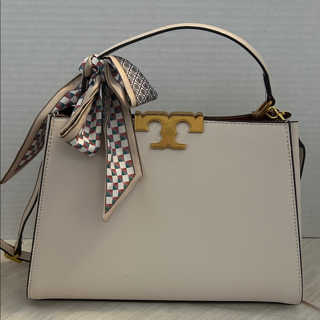 Tory Burch $700 Cream Eleanor Spazoletto Satchel With Gold Logo And Ribbon